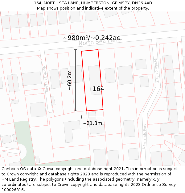 164, NORTH SEA LANE, HUMBERSTON, GRIMSBY, DN36 4XB: Plot and title map