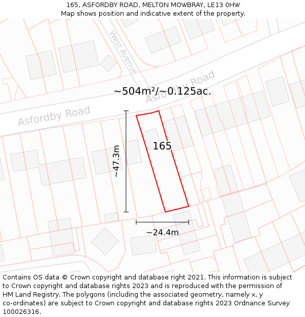 165, ASFORDBY ROAD, MELTON MOWBRAY, LE13 0HW: Plot and title map