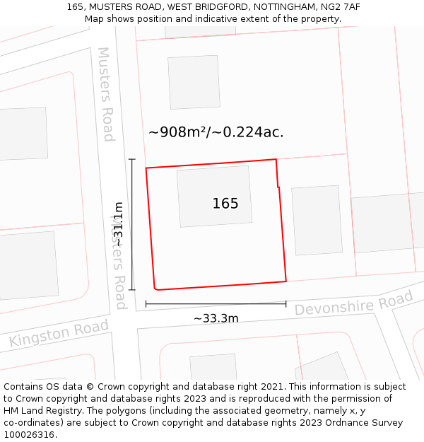 165, MUSTERS ROAD, WEST BRIDGFORD, NOTTINGHAM, NG2 7AF: Plot and title map