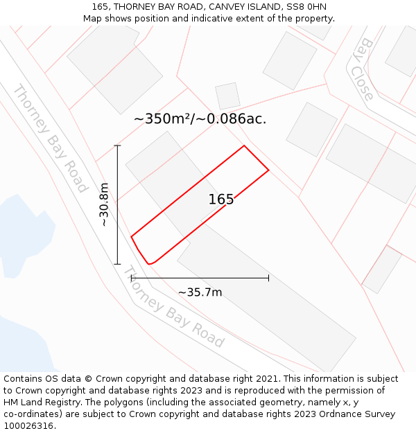 165, THORNEY BAY ROAD, CANVEY ISLAND, SS8 0HN: Plot and title map