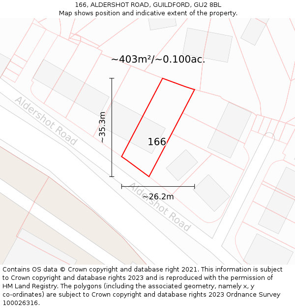 166, ALDERSHOT ROAD, GUILDFORD, GU2 8BL: Plot and title map