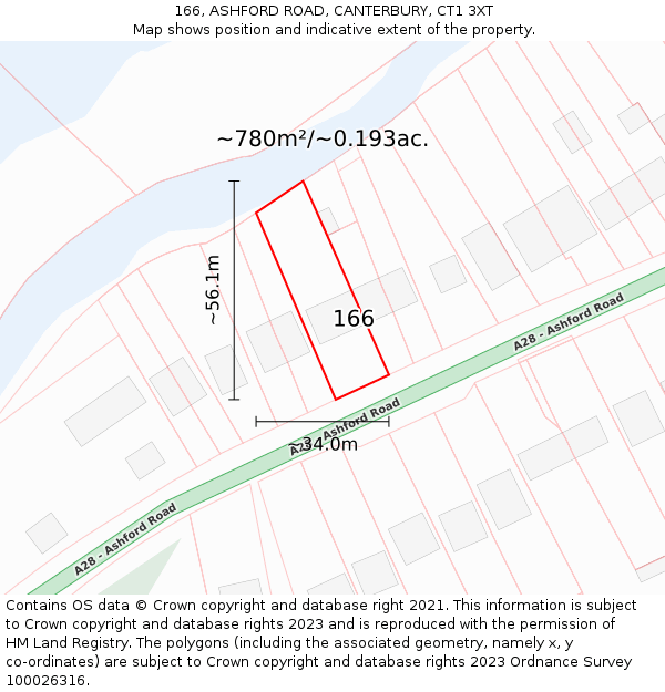 166, ASHFORD ROAD, CANTERBURY, CT1 3XT: Plot and title map