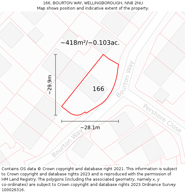 166, BOURTON WAY, WELLINGBOROUGH, NN8 2NU: Plot and title map