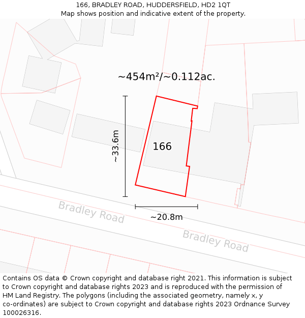 166, BRADLEY ROAD, HUDDERSFIELD, HD2 1QT: Plot and title map