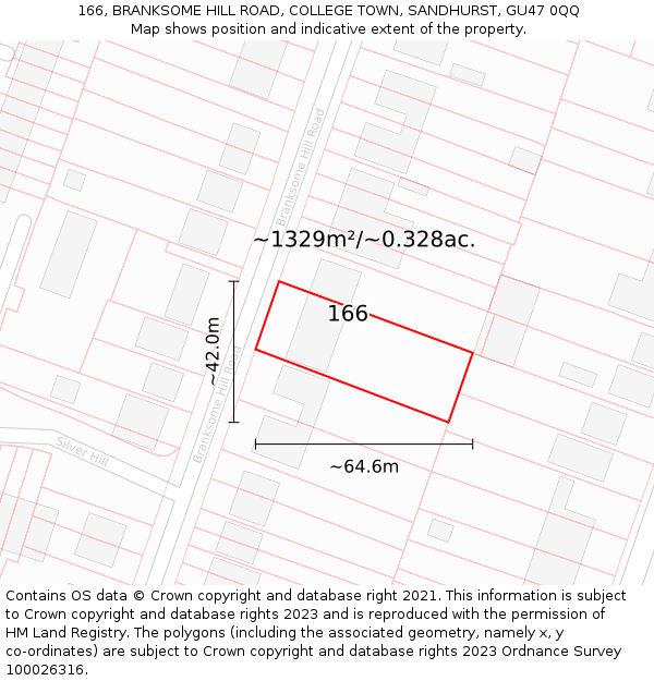 166, BRANKSOME HILL ROAD, COLLEGE TOWN, SANDHURST, GU47 0QQ: Plot and title map