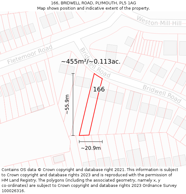 166, BRIDWELL ROAD, PLYMOUTH, PL5 1AG: Plot and title map