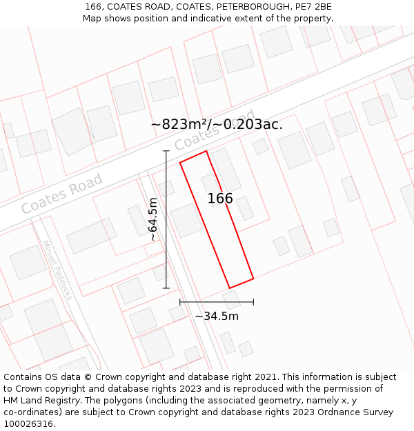 166, COATES ROAD, COATES, PETERBOROUGH, PE7 2BE: Plot and title map