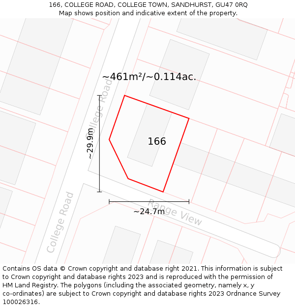 166, COLLEGE ROAD, COLLEGE TOWN, SANDHURST, GU47 0RQ: Plot and title map