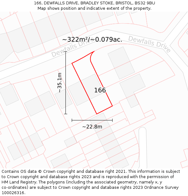 166, DEWFALLS DRIVE, BRADLEY STOKE, BRISTOL, BS32 9BU: Plot and title map