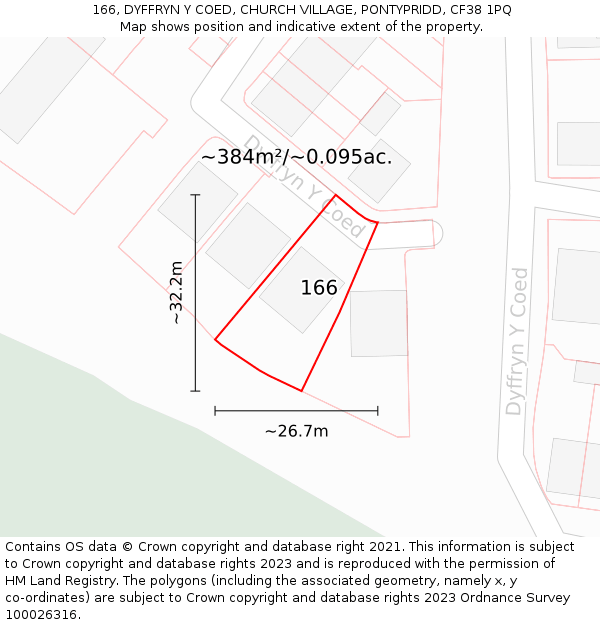 166, DYFFRYN Y COED, CHURCH VILLAGE, PONTYPRIDD, CF38 1PQ: Plot and title map