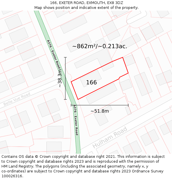 166, EXETER ROAD, EXMOUTH, EX8 3DZ: Plot and title map