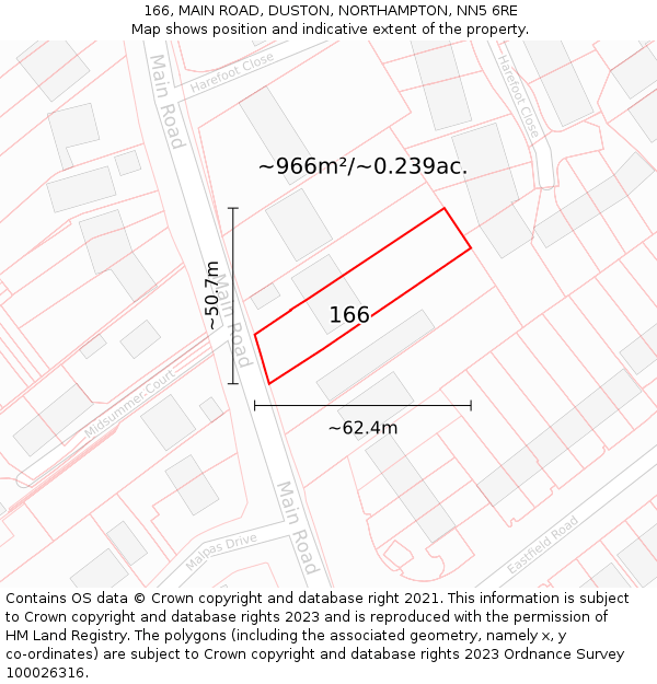 166, MAIN ROAD, DUSTON, NORTHAMPTON, NN5 6RE: Plot and title map