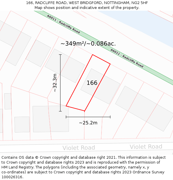 166, RADCLIFFE ROAD, WEST BRIDGFORD, NOTTINGHAM, NG2 5HF: Plot and title map