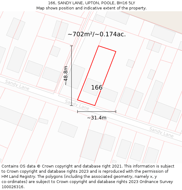 166, SANDY LANE, UPTON, POOLE, BH16 5LY: Plot and title map