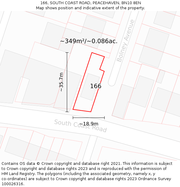 166, SOUTH COAST ROAD, PEACEHAVEN, BN10 8EN: Plot and title map