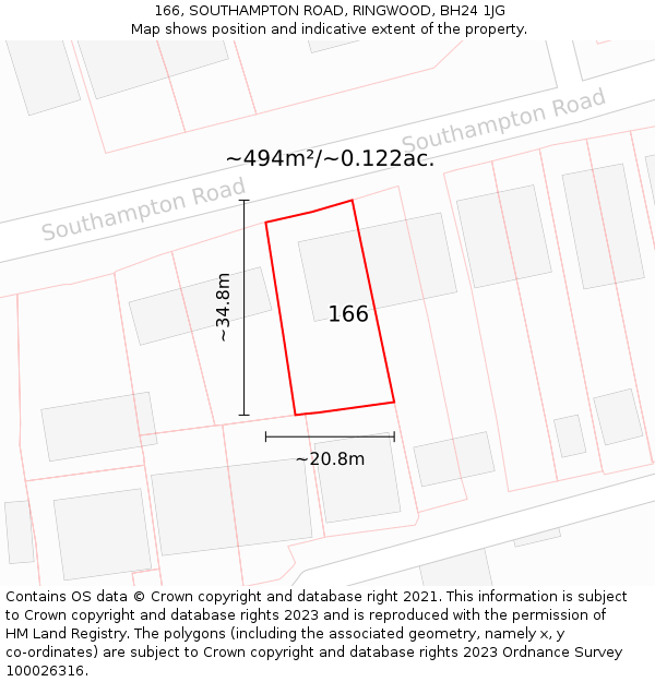 166, SOUTHAMPTON ROAD, RINGWOOD, BH24 1JG: Plot and title map