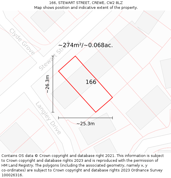 166, STEWART STREET, CREWE, CW2 8LZ: Plot and title map