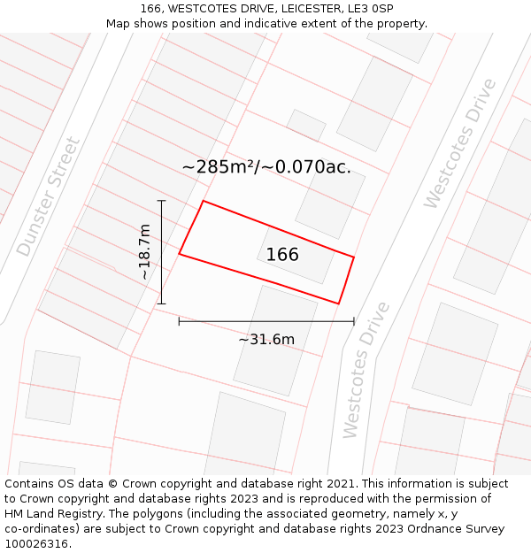 166, WESTCOTES DRIVE, LEICESTER, LE3 0SP: Plot and title map