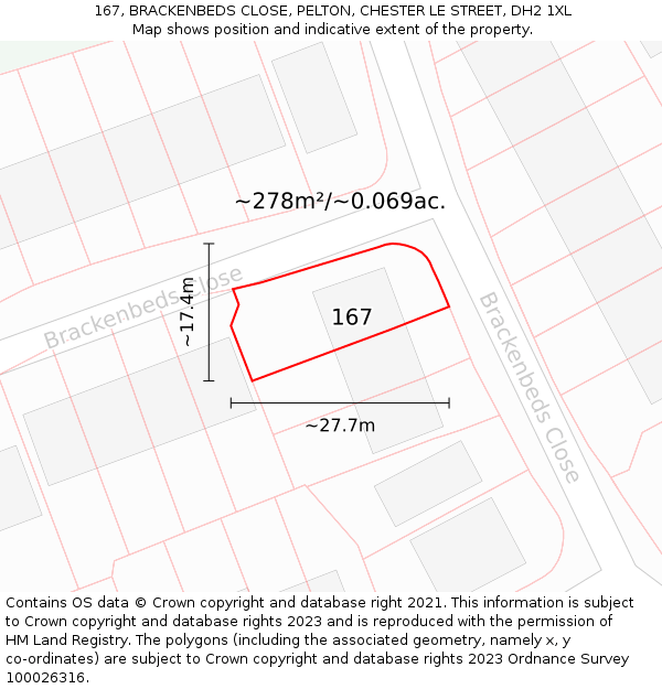 167, BRACKENBEDS CLOSE, PELTON, CHESTER LE STREET, DH2 1XL: Plot and title map