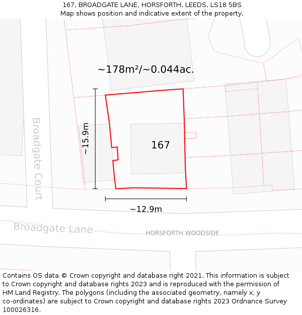 167, BROADGATE LANE, HORSFORTH, LEEDS, LS18 5BS: Plot and title map