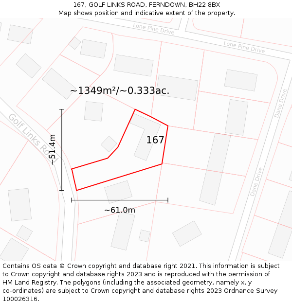 167, GOLF LINKS ROAD, FERNDOWN, BH22 8BX: Plot and title map