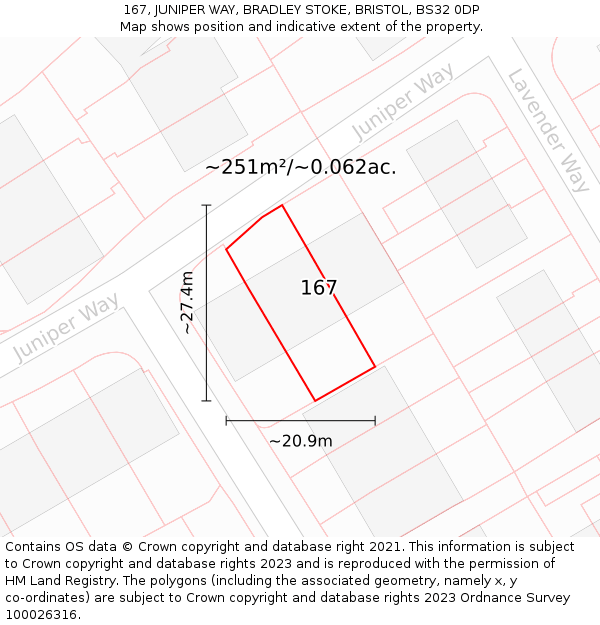 167, JUNIPER WAY, BRADLEY STOKE, BRISTOL, BS32 0DP: Plot and title map