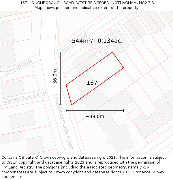 167, LOUGHBOROUGH ROAD, WEST BRIDGFORD, NOTTINGHAM, NG2 7JS: Plot and title map