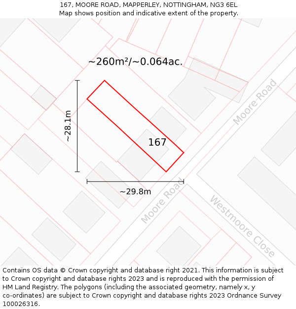 167, MOORE ROAD, MAPPERLEY, NOTTINGHAM, NG3 6EL: Plot and title map