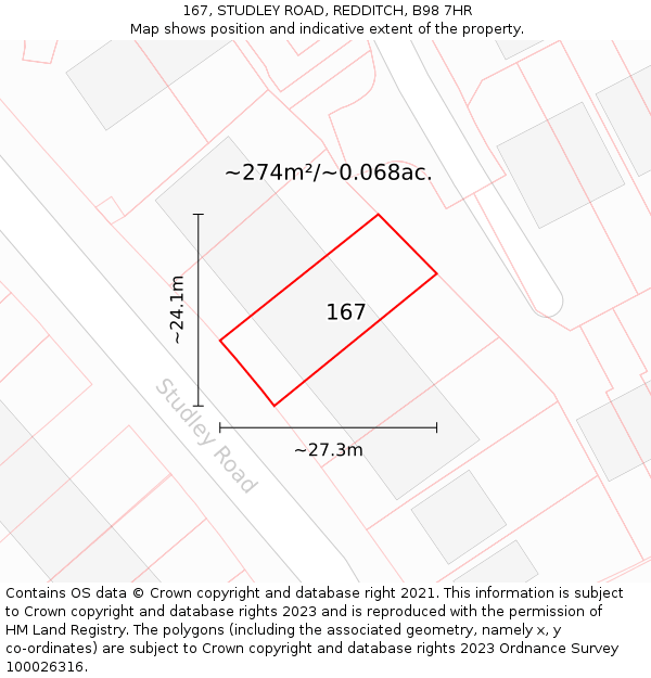 167, STUDLEY ROAD, REDDITCH, B98 7HR: Plot and title map