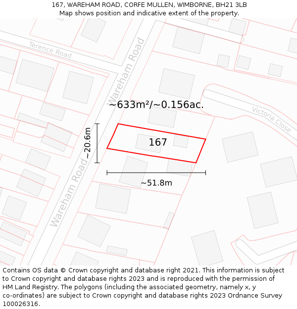 167, WAREHAM ROAD, CORFE MULLEN, WIMBORNE, BH21 3LB: Plot and title map