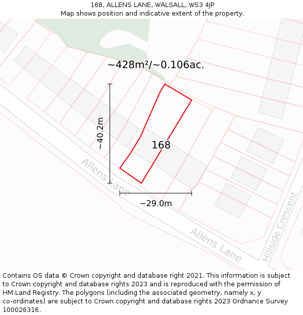 168, ALLENS LANE, WALSALL, WS3 4JP: Plot and title map