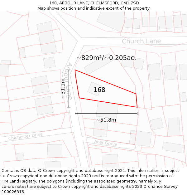 168, ARBOUR LANE, CHELMSFORD, CM1 7SD: Plot and title map