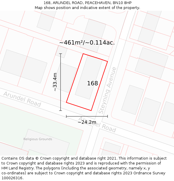 168, ARUNDEL ROAD, PEACEHAVEN, BN10 8HP: Plot and title map