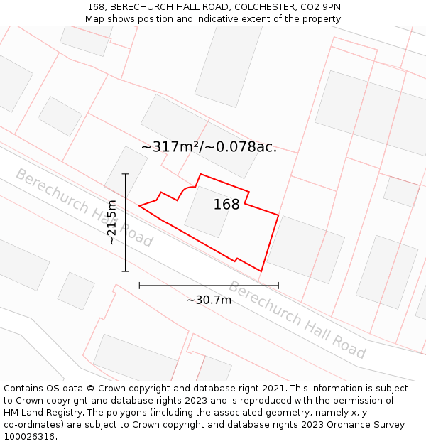 168, BERECHURCH HALL ROAD, COLCHESTER, CO2 9PN: Plot and title map