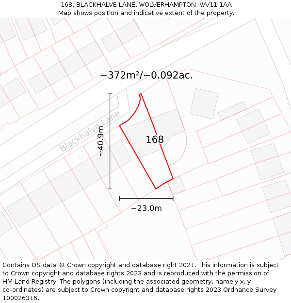 168, BLACKHALVE LANE, WOLVERHAMPTON, WV11 1AA: Plot and title map