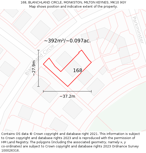 168, BLANCHLAND CIRCLE, MONKSTON, MILTON KEYNES, MK10 9GY: Plot and title map