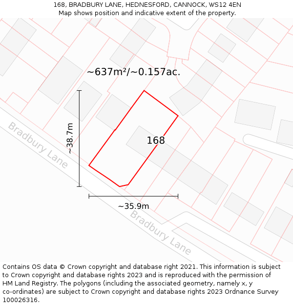 168, BRADBURY LANE, HEDNESFORD, CANNOCK, WS12 4EN: Plot and title map