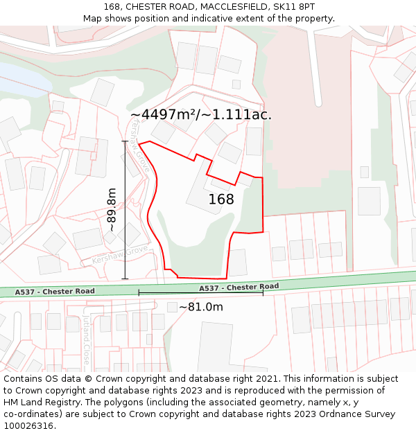 168, CHESTER ROAD, MACCLESFIELD, SK11 8PT: Plot and title map