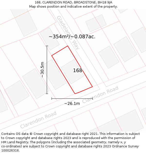 168, CLARENDON ROAD, BROADSTONE, BH18 9JA: Plot and title map