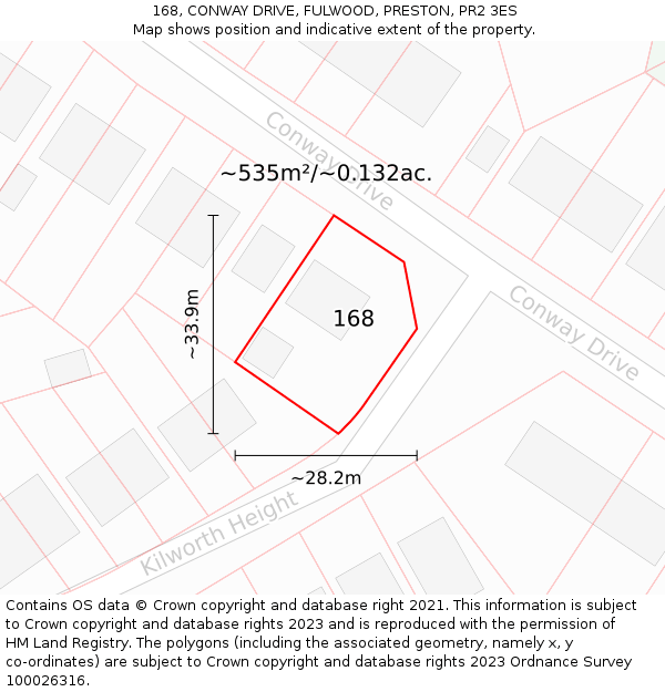 168, CONWAY DRIVE, FULWOOD, PRESTON, PR2 3ES: Plot and title map