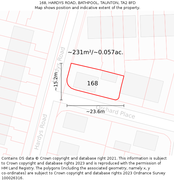 168, HARDYS ROAD, BATHPOOL, TAUNTON, TA2 8FD: Plot and title map