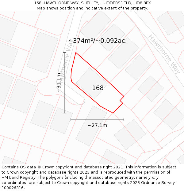 168, HAWTHORNE WAY, SHELLEY, HUDDERSFIELD, HD8 8PX: Plot and title map