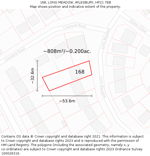 168, LONG MEADOW, AYLESBURY, HP21 7EB: Plot and title map