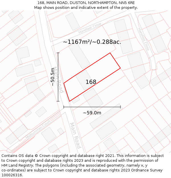 168, MAIN ROAD, DUSTON, NORTHAMPTON, NN5 6RE: Plot and title map