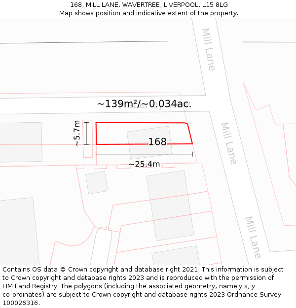 168, MILL LANE, WAVERTREE, LIVERPOOL, L15 8LG: Plot and title map