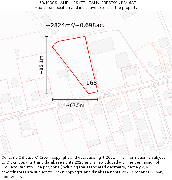 168, MOSS LANE, HESKETH BANK, PRESTON, PR4 6AE: Plot and title map