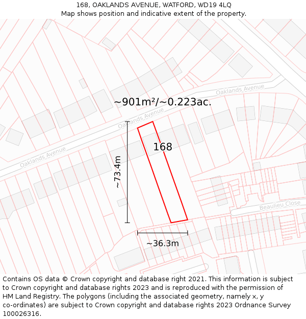 168, OAKLANDS AVENUE, WATFORD, WD19 4LQ: Plot and title map