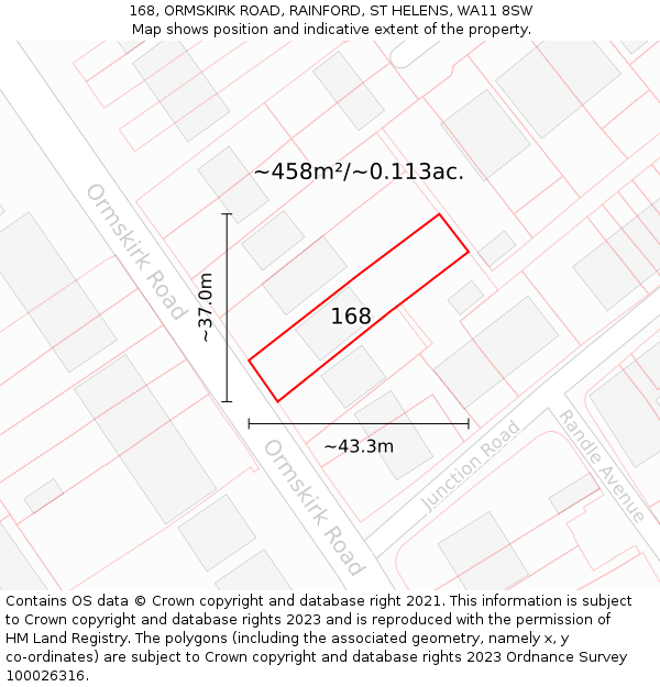 168, ORMSKIRK ROAD, RAINFORD, ST HELENS, WA11 8SW: Plot and title map