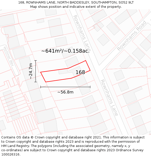168, ROWNHAMS LANE, NORTH BADDESLEY, SOUTHAMPTON, SO52 9LT: Plot and title map
