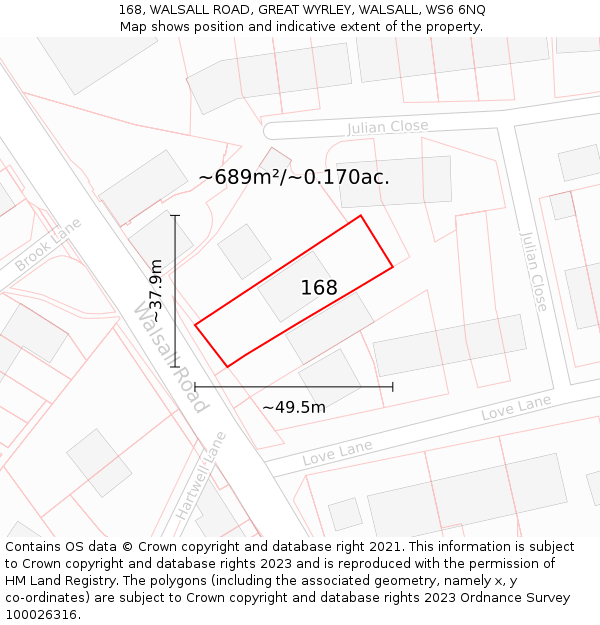 168, WALSALL ROAD, GREAT WYRLEY, WALSALL, WS6 6NQ: Plot and title map